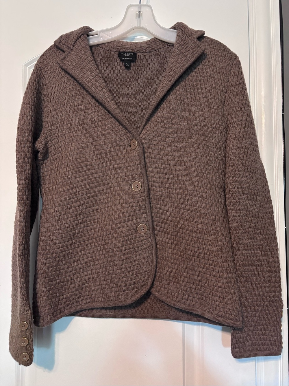 Talbots 100% merino wool Brown Waffle Knit Button Front Cardigan Small petite